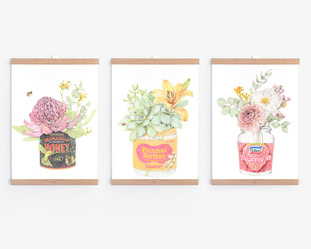Set of 3 Australian kitchen wall art with native botanicals