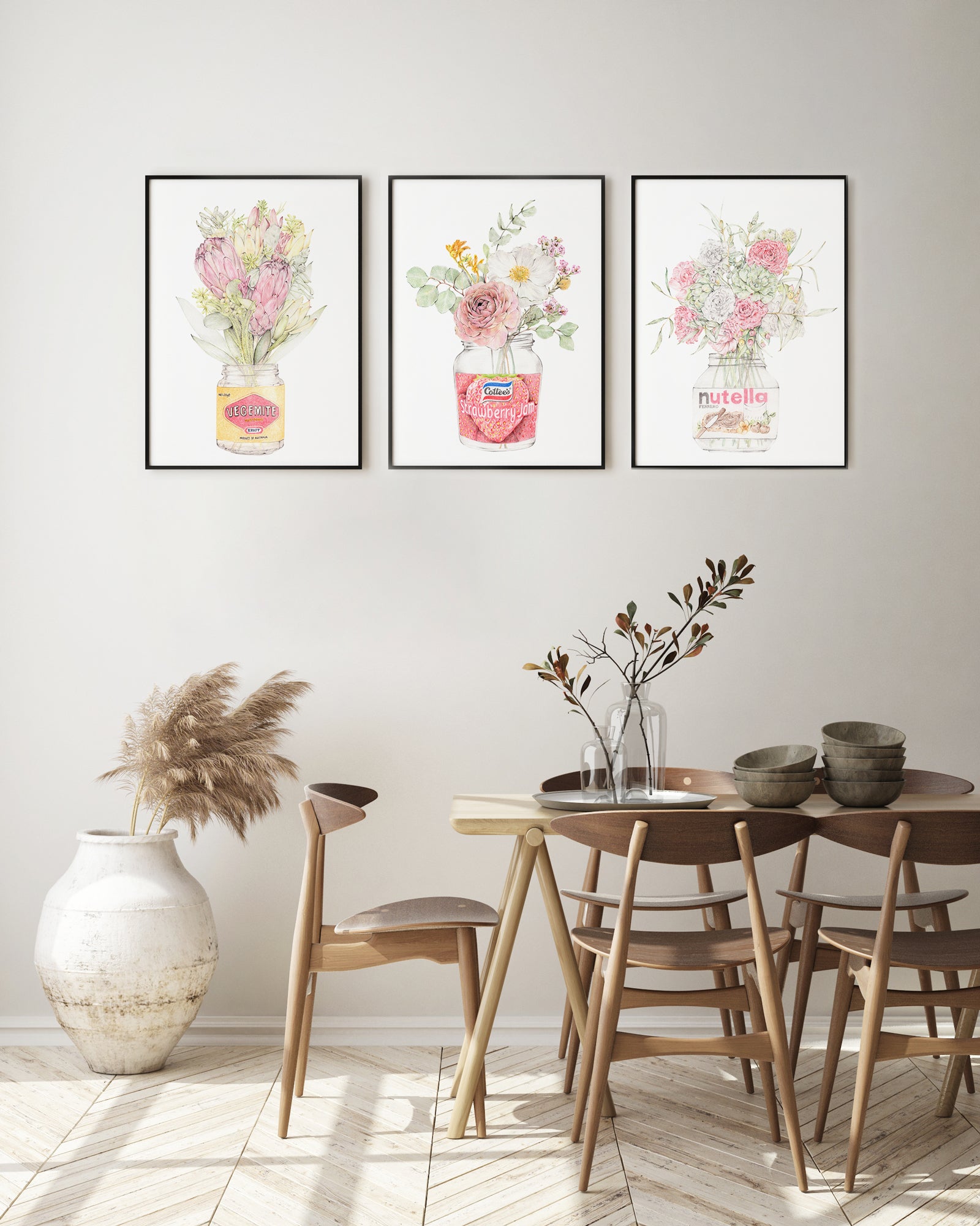 Set of 3 Australian art prints with Vegemite, Strawberry jam and Nutella