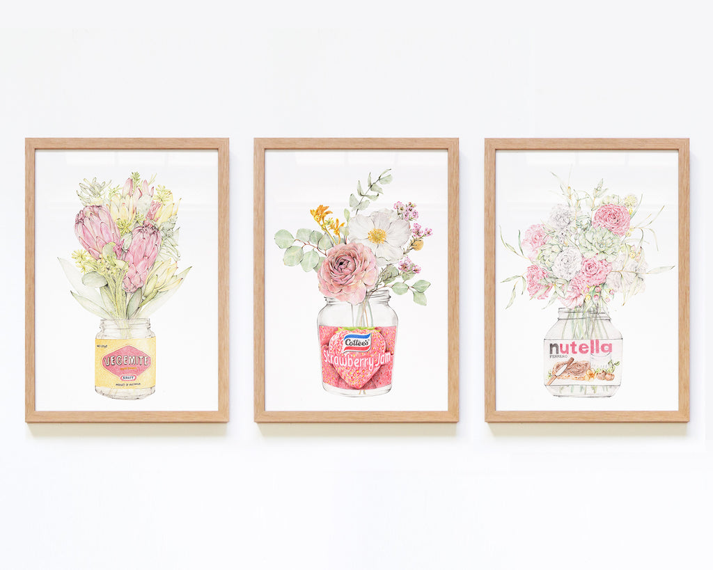 Set of 3 framed Australian art with botanicals