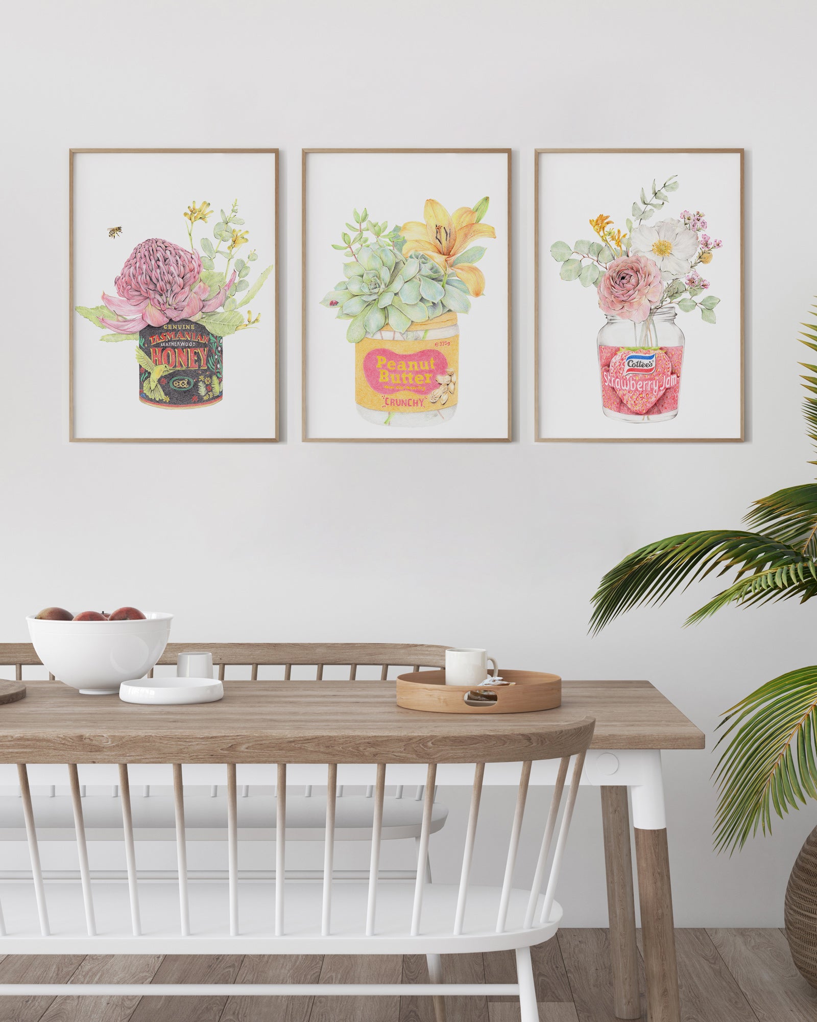 Set of 3 Australian kitchen wall art with florals