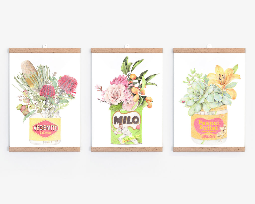 Set of 3 Australiana kitchen wall prints with botanicals