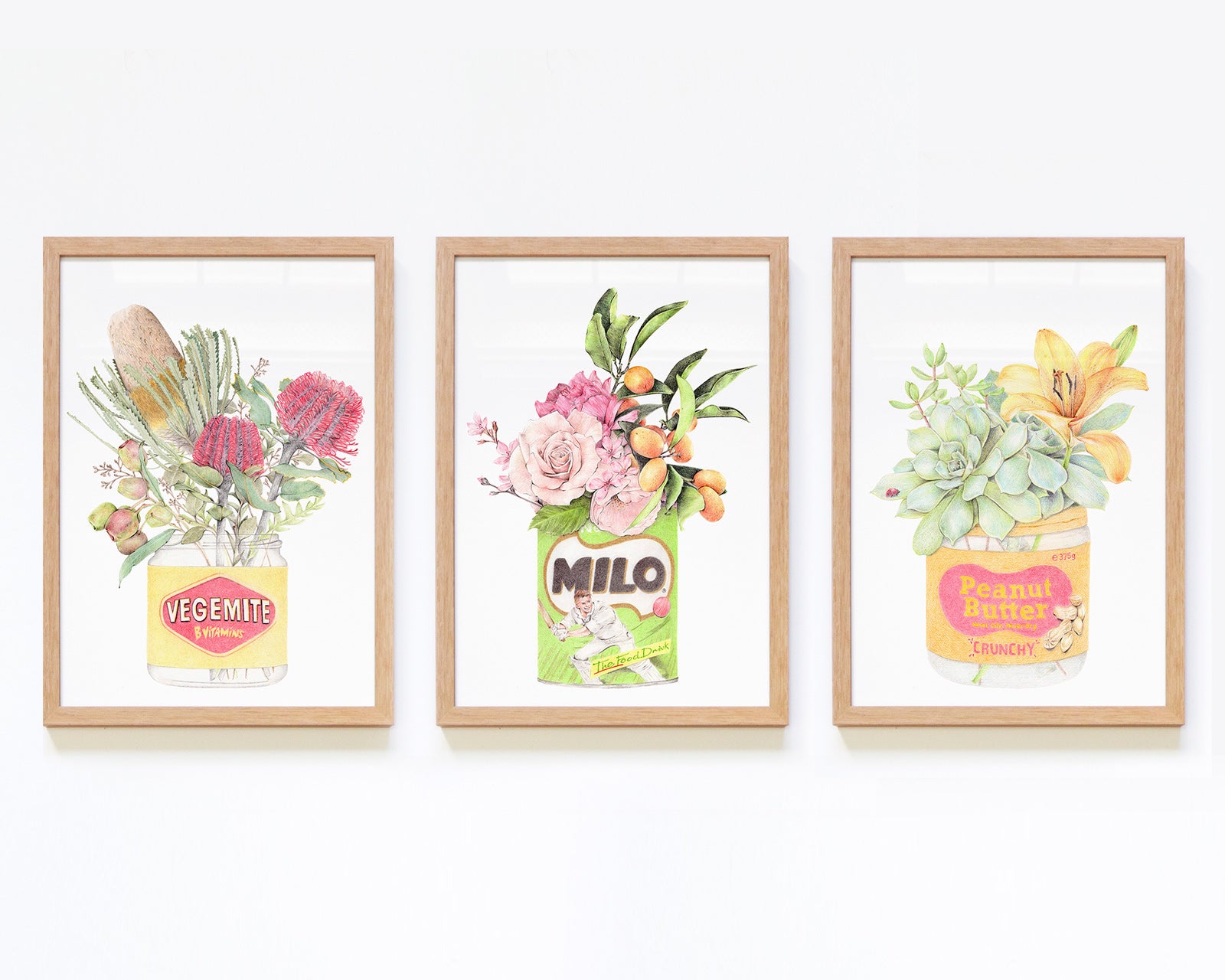 Set of 3 framed kitchen art prints with iconic Australian products