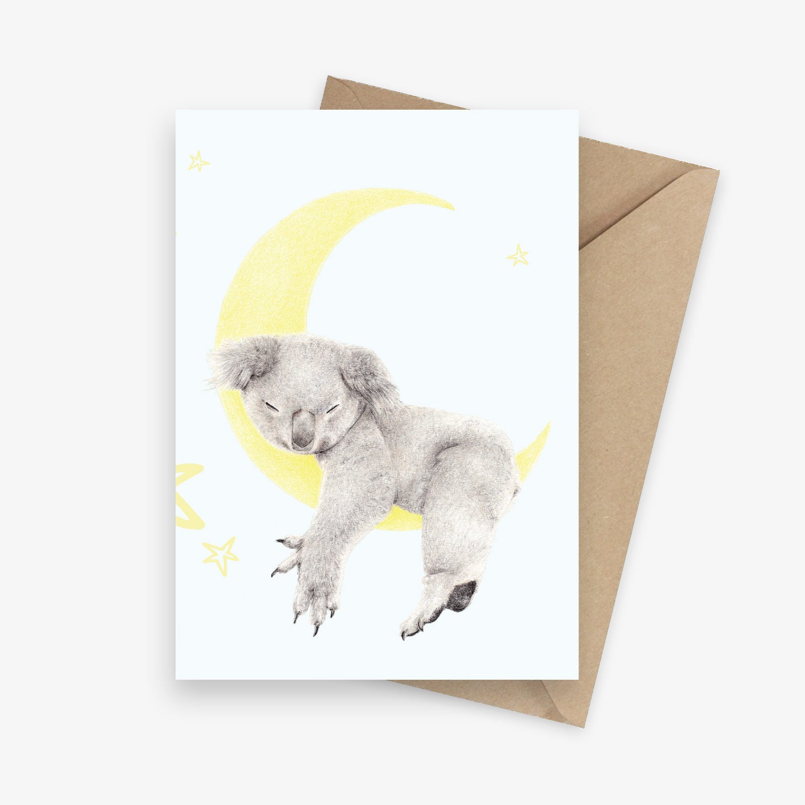Greeting card featuring an Australian native koala sleeping on a moon.