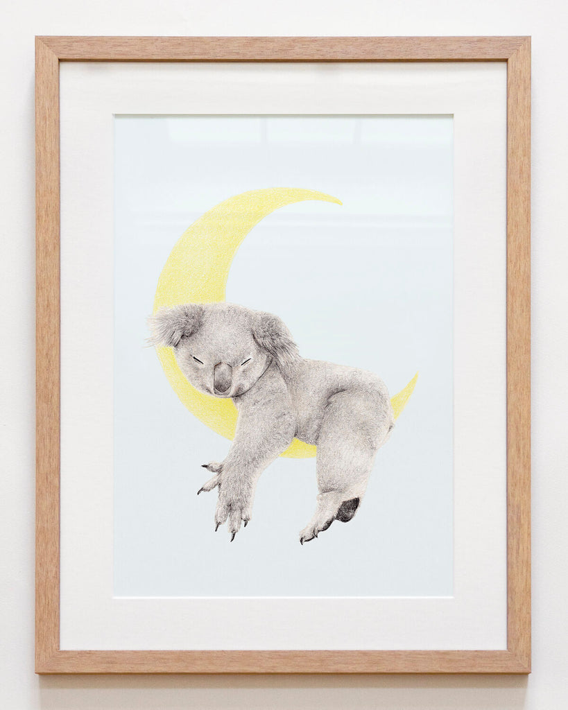 Australian native animal art print featuring a koala sleeping on a moon