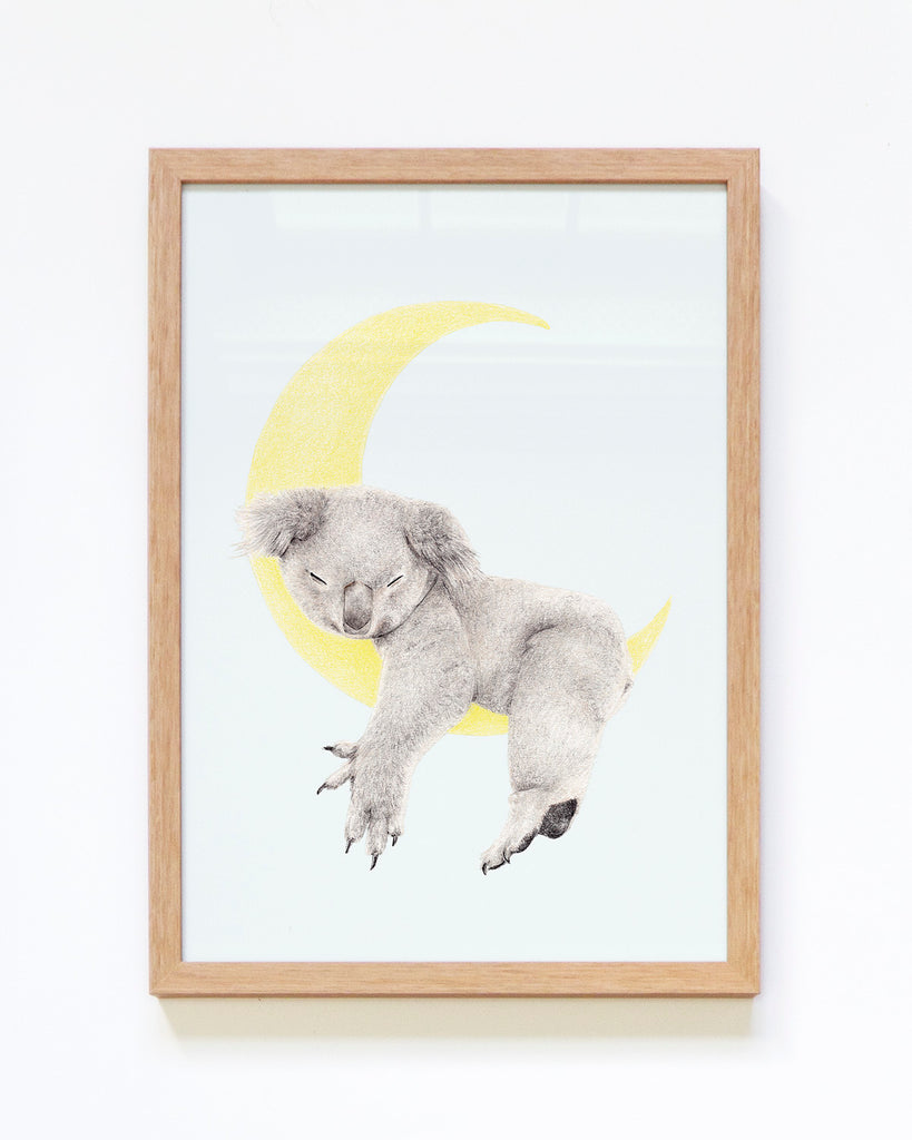 Australian nursery wall art featuring a koala sleeping on a moon