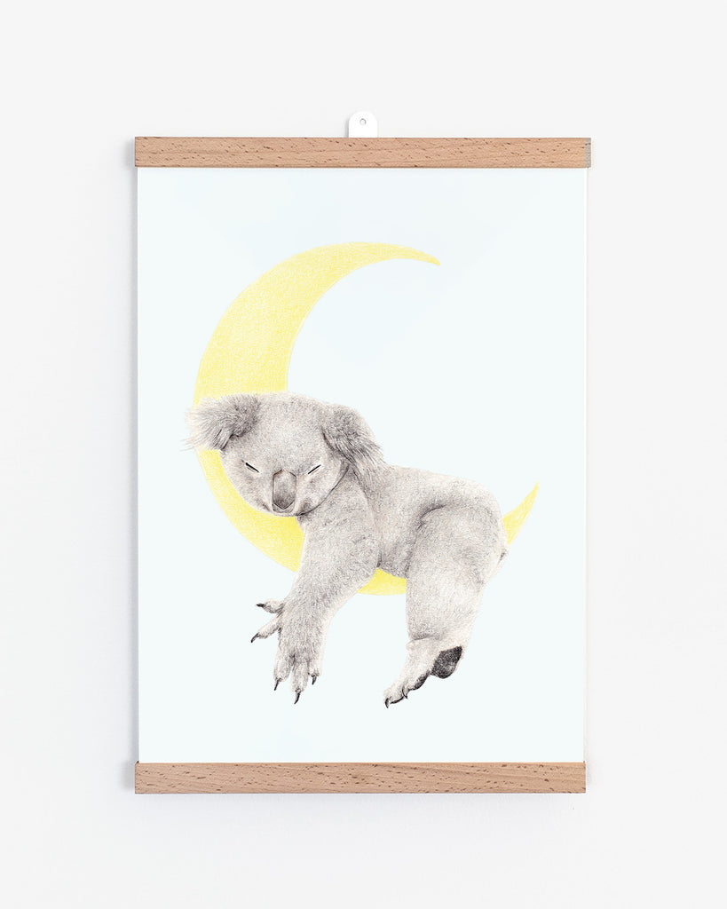 Nursery art print of a koala sleeping on a moom