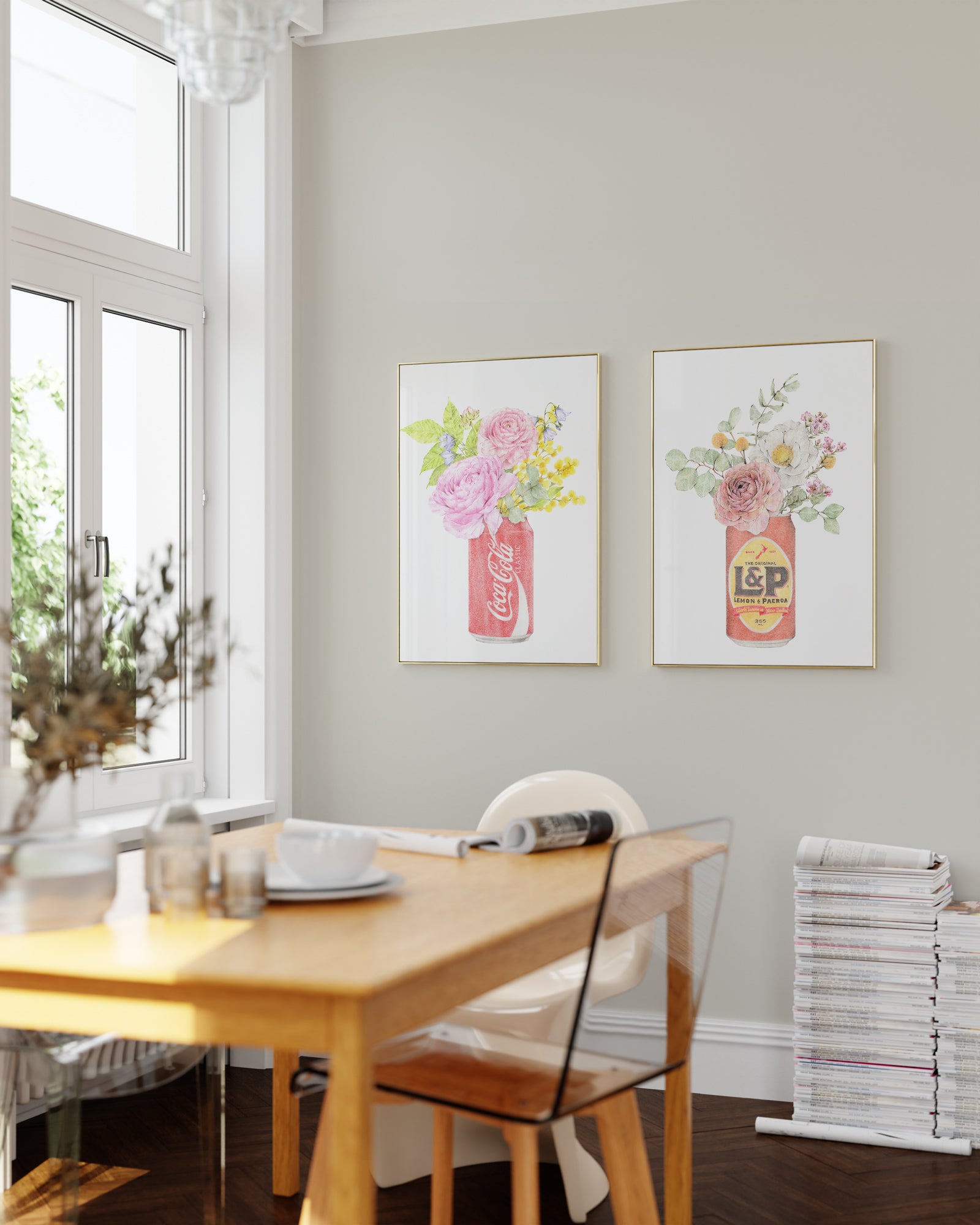 Living room wall art featuring iconic soft drinks and flowers