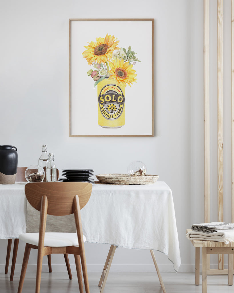 Framed Australian kitchen botanical print featuring a Solo can with sunflowers