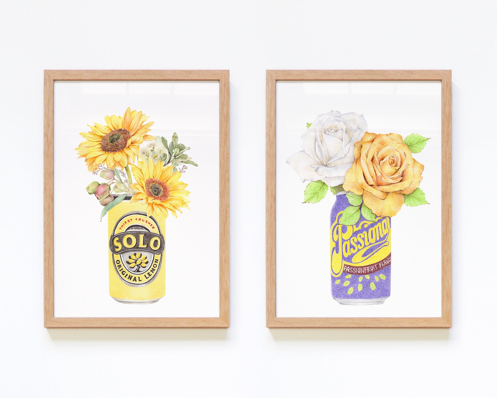 Framed Botanical Art Set with sunflowers and roses