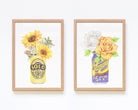 Framed Botanical Art Set with sunflowers and roses