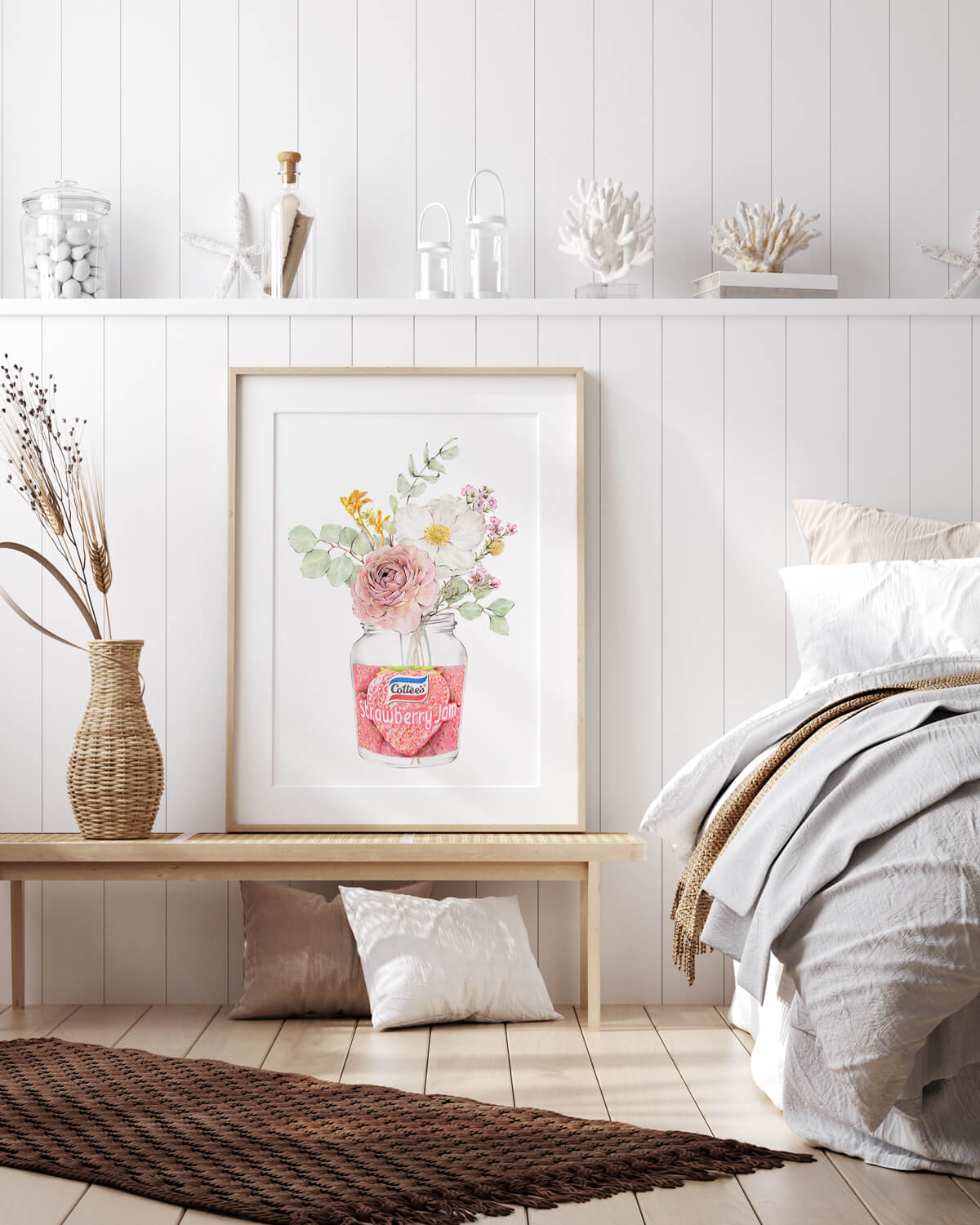 Australian art print with poppies in a strawberry jam jar