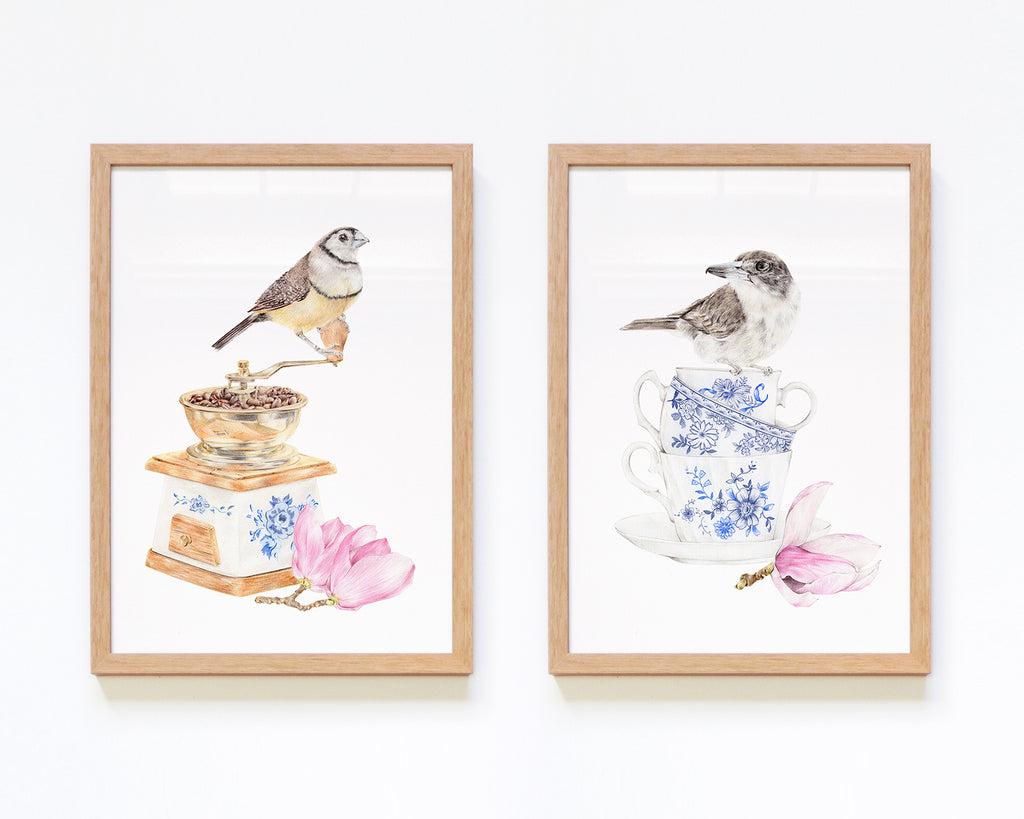 Framed Australian Native Bird art set with a double-barred finch and butchbird
