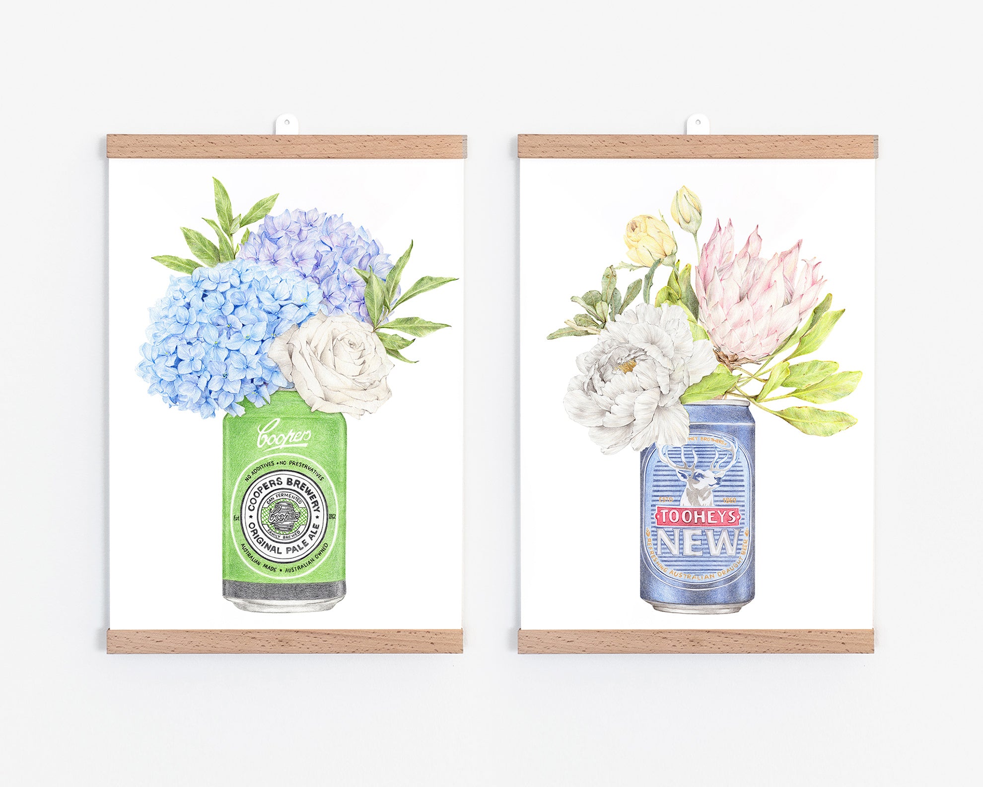 Kitchen wall art set with classic Australian beers and florals