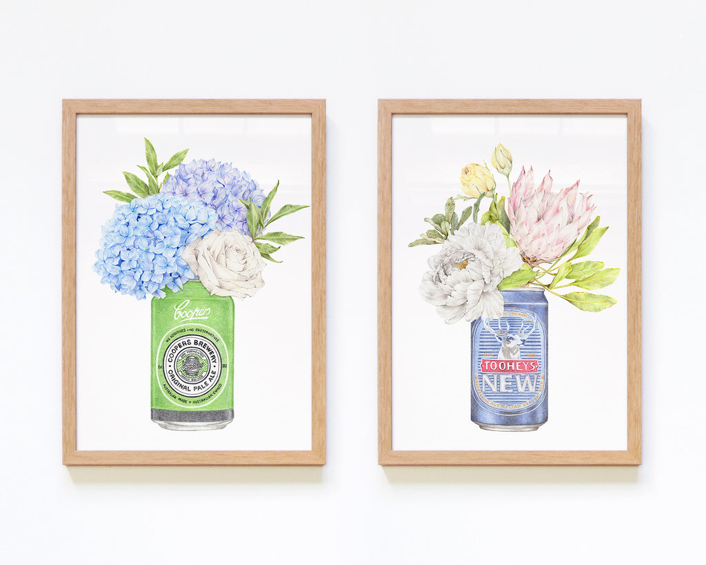 Set of 2 framed Australian art featuring classic beers and florals