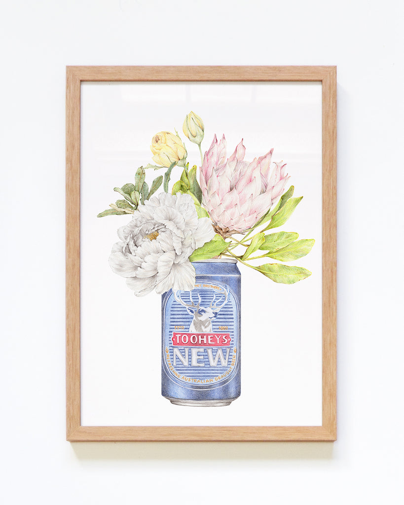 Framed botanical art print with Australian beer with flowers