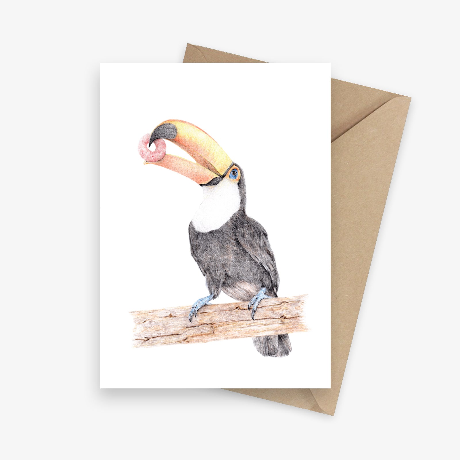 Funny greeting card featuring a tropical toucan holding a fruit loop.