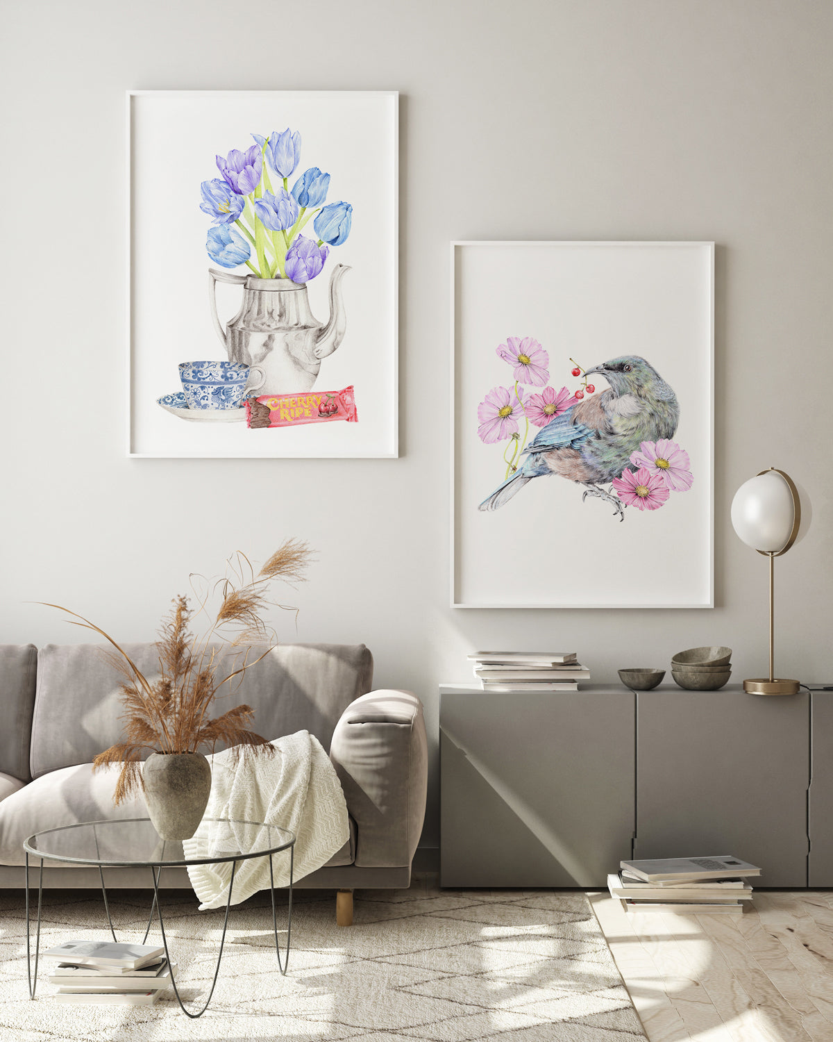 Botanical Art Print with tulips and Cherry Ripe