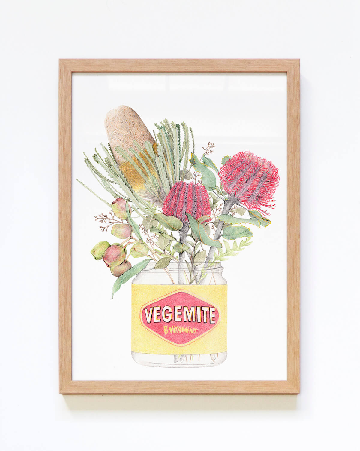 Vegemite with native floral framed art print