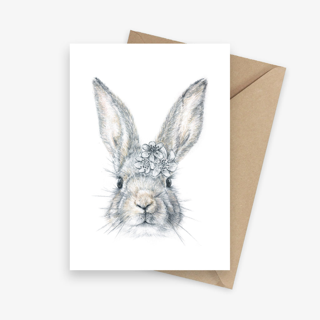 Greeting card featuring a bunny with a flower crown.