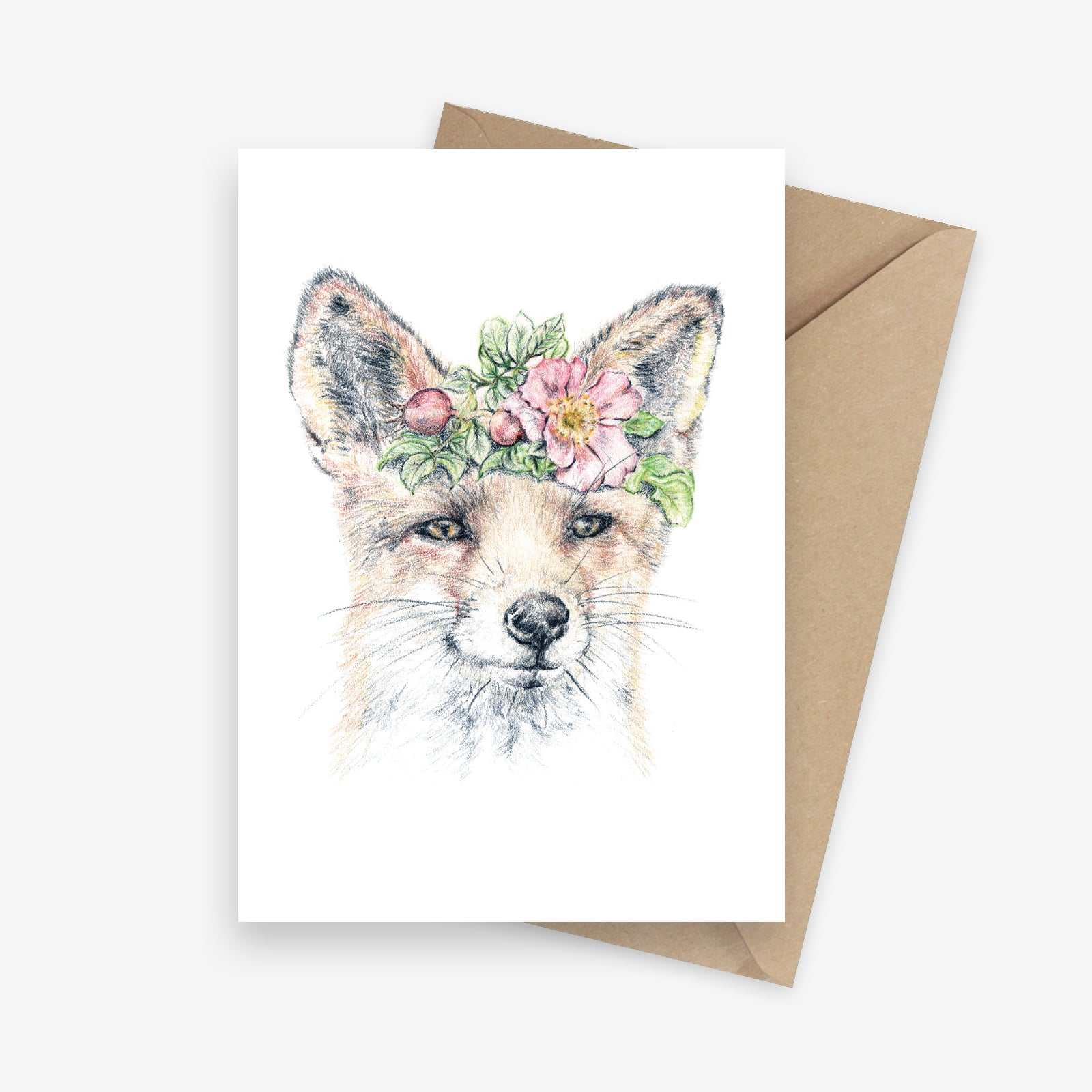 Greeting card featuring a fox with a flower crown.